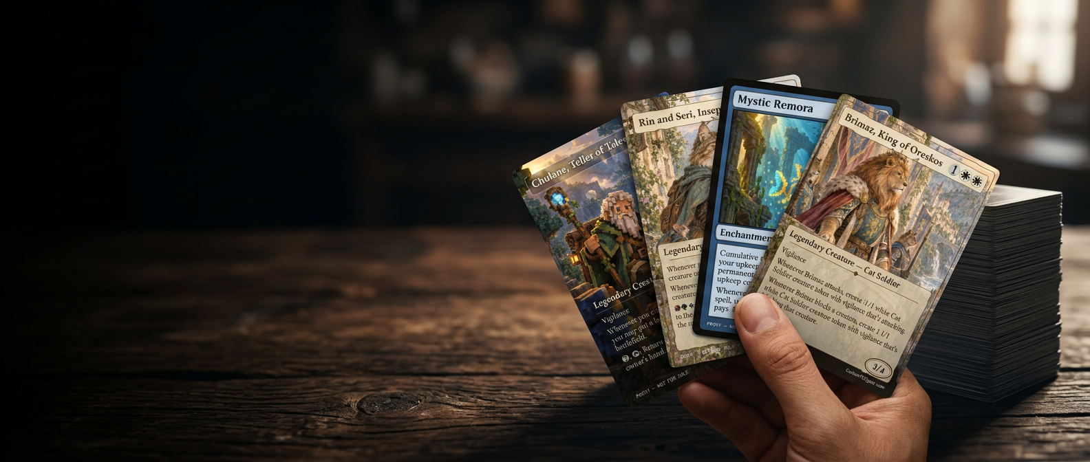 Custom art cards fanned in hand beside a full 100-card deck
